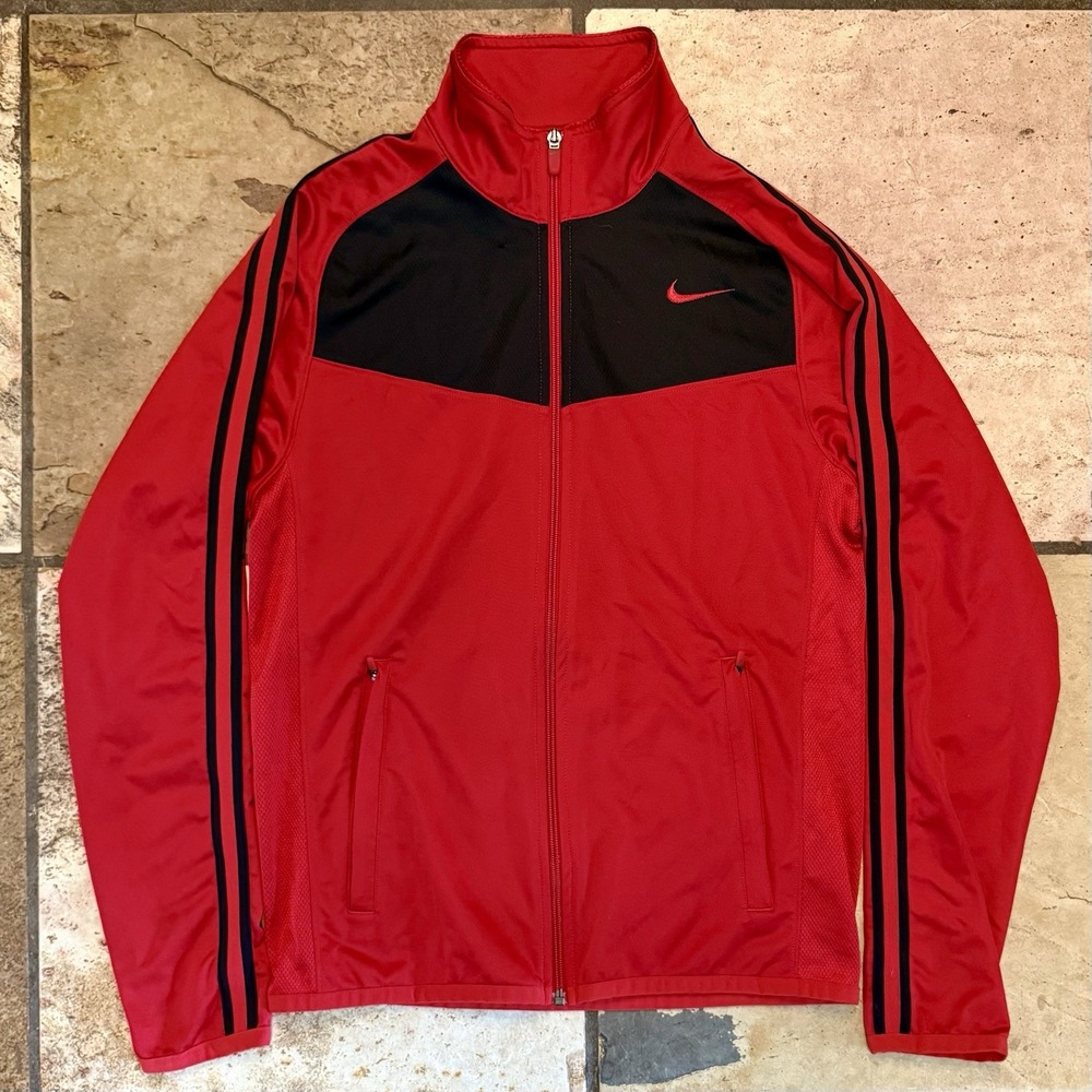 Nike Knit Jacket Men Sz S Red Black Long Sleeve Full Zip Track Warmup Gym Stripe